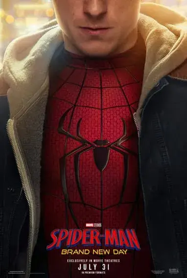 Teaser one-sheet: Spider-Man’s chest emblem under an open jacket, bathed in morning light.