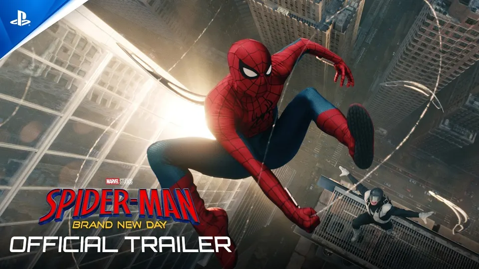 Spider-Man swings through Manhattan carrying a friend, sunrise glinting off the glass towers.